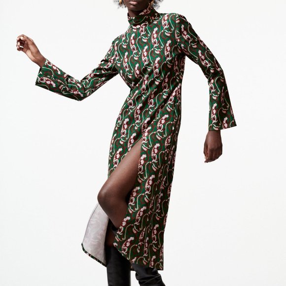 ZARA NWT Front Slit Printed Midi Dress Green - Picture 2 of 14